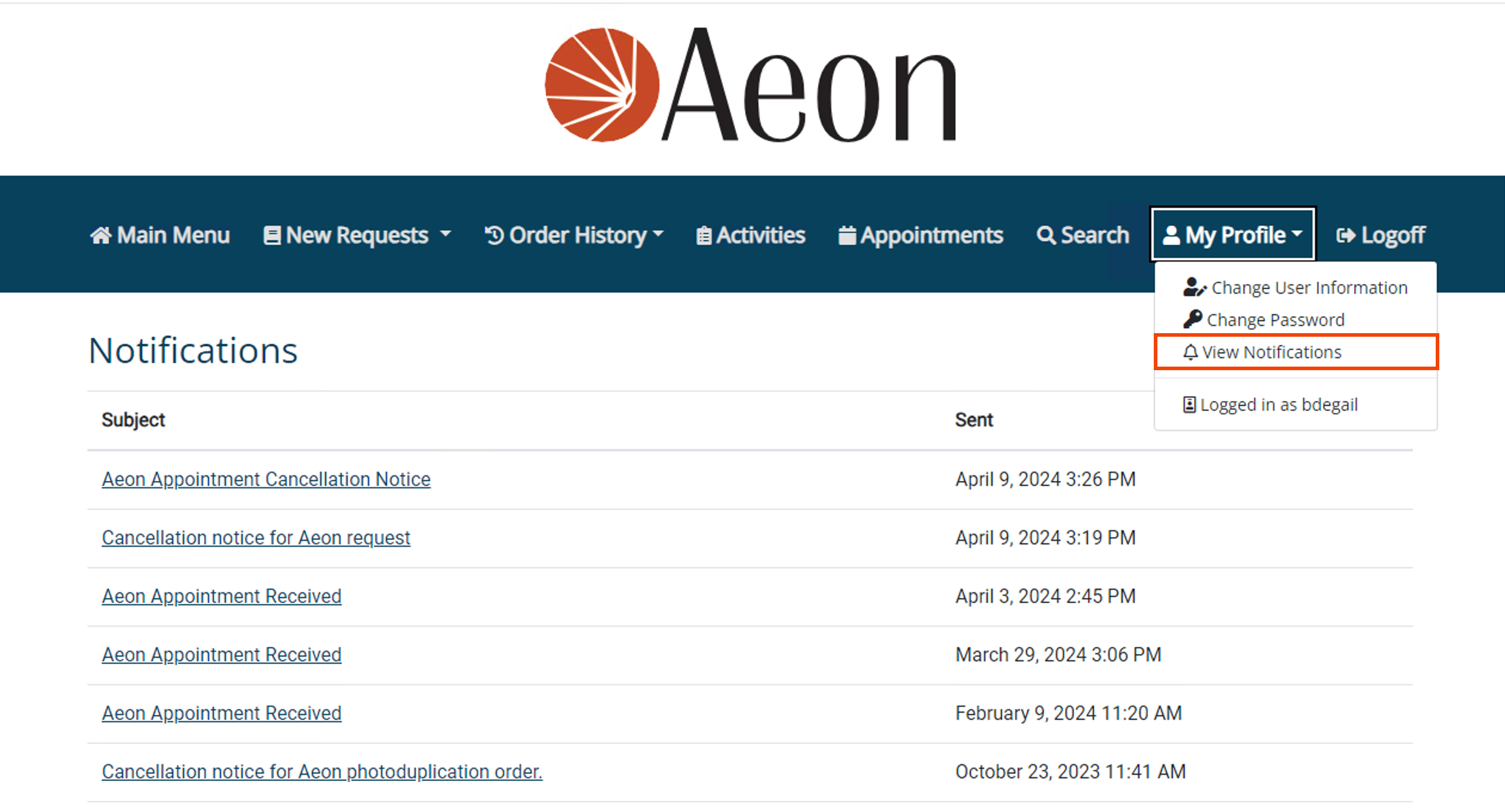 Notifications page on the Aeon web interface